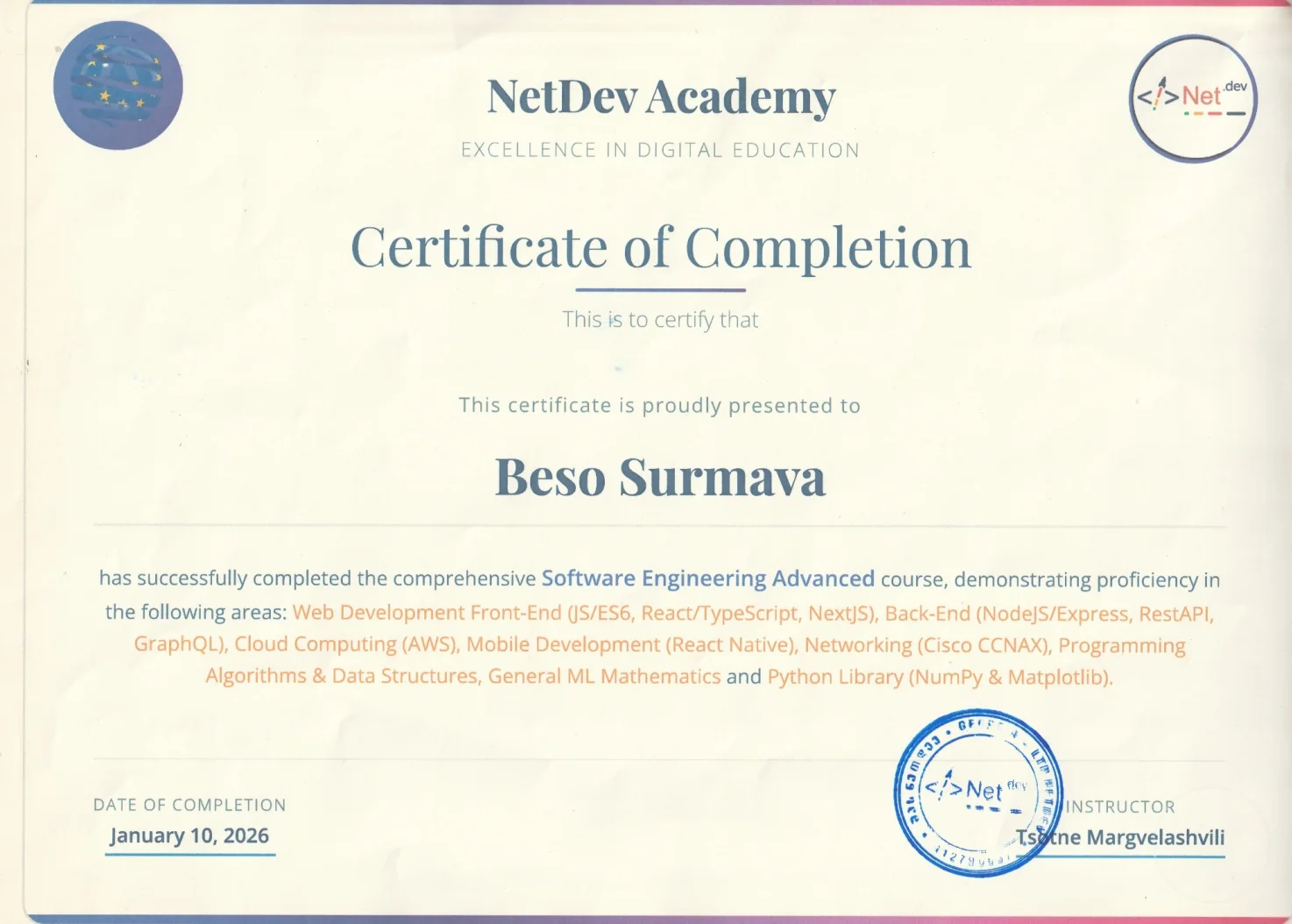 ბესო სურმავას სერტიფიკატი — Software Engineering Advanced, NetDev Academy